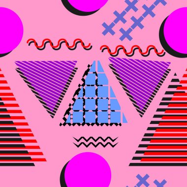 Memphis geometrik soyut desen. Sorunsuz trendy popüler üçgen renkli 60s, 70s, 80s, 90'lı yılların tarzı. Vektör çizim moda tekstil baskı ve duvar kağıdı arka plan.