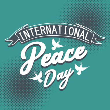 Silhouette güvercin ve rozet yazı tipografi ile yaratıcı pop sanat uluslararası barış günü. Web ve baskı üzerinde mavi arka plan izole için afiş tasarlamak.