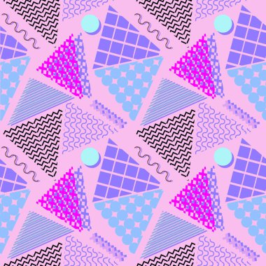 Memphis geometrik soyut desen. Sorunsuz trendy popüler üçgen renkli 60s, 70s, 80s, 90'lı yılların tarzı. Vektör çizim moda tekstil baskı ve duvar kağıdı arka plan.