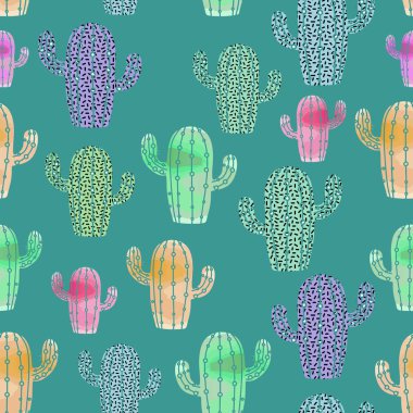 Trendy kaktüs suluboya çizim Dikişsiz desen renkli suluboya ile. Vektör çizim yazdırma Tekstil ve moda paketleme için.