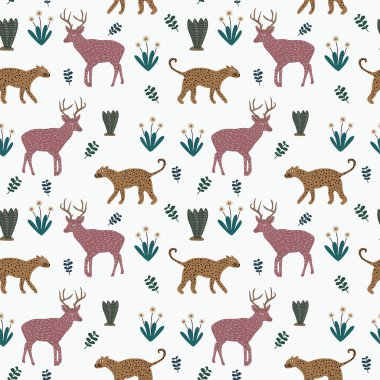 Renkli hayvan seamless modeli el ile çizilmiş sevimli leopar, geyik ve tavşan. İçin çocuk moda çok renkli illüstrasyon vektör egzotik arka plan.
