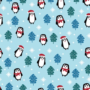 Sevimli Noel desenle penguen karikatür komik. Vektör çizim trendy duvar kağıdı ve tekstil moda kaydırma için baskı için okuyun.