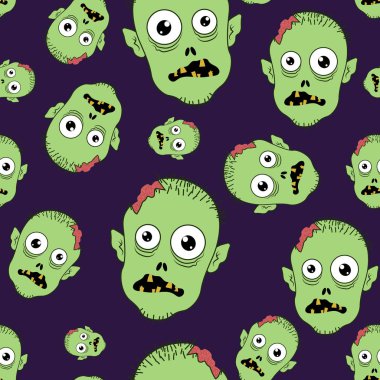 Vektör Cadılar Bayramı desen popüler arka plan ile sevimli zombi yüz karakter, komik canavar korkunç yaratık. Bebek, çocuk ve çocuk moda yazdırma için çok renkli stil ve ambalaj Tekstil.