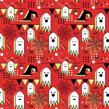 Sorunsuz memphis geometrik hayalet Cadılar Bayramı deseni için. Vektör çizim yazdırma ve bebek moda için.
