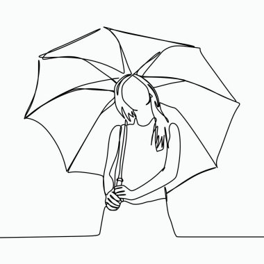 Bir kız şemsiye kullanarak çizim vektör sürekli hat sanatı. Moda kadınlar minimalist tarzı.