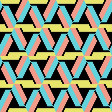 Renkli geometrik soyut seamless modeli siyah arka plan üzerine izole çizgili trendy ile. Vektör çizim yazdırma Tekstil ve moda paketleme için.