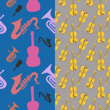 Caz müzik enstrüman Dikişsiz desen koleksiyonları vektör illüstrasyon renkli arka plan belirleme.