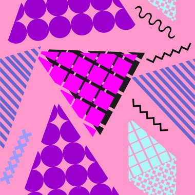 Memphis geometrik soyut desen. Sorunsuz trendy popüler üçgen renkli 60s, 70s, 80s, 90'lı yılların tarzı. Vektör çizim moda tekstil baskı ve duvar kağıdı arka plan.