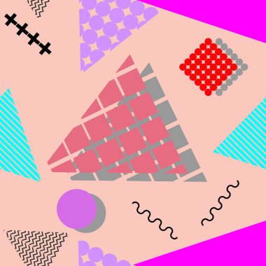 Memphis geometrik soyut desen. Sorunsuz trendy popüler üçgen renkli 60s, 70s, 80s, 90'lı yılların tarzı. Vektör çizim moda tekstil baskı ve duvar kağıdı arka plan.