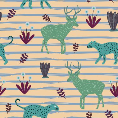 Egzotik hayvan tasarlamak vektör. Sorunsuz imkanı çizim çocuklar ve tekstil baskı giysi ve paketleme için çocuklar için şirin jaguar, geyik ve çiçek renkli arka plan çocukça.