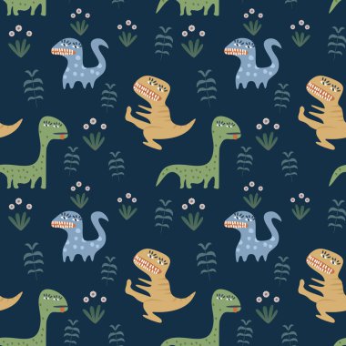 Çocukça seamless modeli el ile çizilmiş dino ve çiçek renkli arka plan. Egzotik canavar doku duvar kağıdı ve çocuklar moda baskı için hazır.