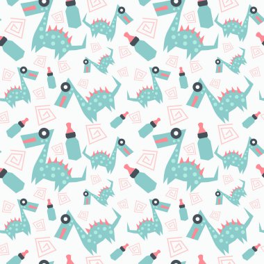 Bebek modeli şirin dino ve meme süt şişesi ile. Çocukça çizim arka plan çok renkli vektör çizim Dikişsiz el çekilmiş.