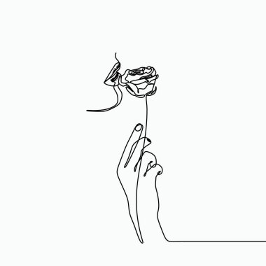 Bir satır sanat el, gül çiçek ve kız ağız ile resim. Sürrealizm stil minimalist kavramı ile kombine.