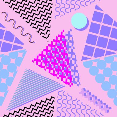 Memphis geometrik soyut desen. Sorunsuz trendy popüler üçgen renkli 60s, 70s, 80s, 90'lı yılların tarzı. Vektör çizim moda tekstil baskı ve duvar kağıdı arka plan.