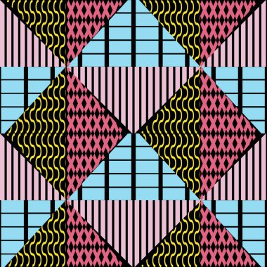 Memphis geometrik soyut desen. Sorunsuz trendy popüler üçgen renkli 60s, 70s, 80s, 90'lı yılların tarzı. Vektör çizim moda tekstil baskı ve duvar kağıdı arka plan.