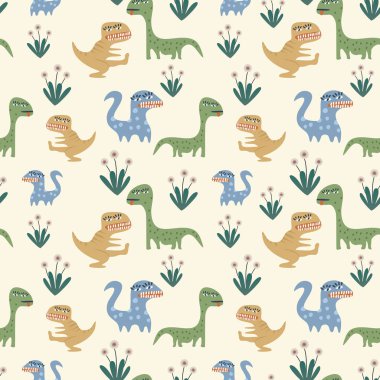 Sevimli dinozor Dikişsiz desen vektör çocukça çiziminin. İskandinav yaratıcı el çekilmiş canavar moda tekstil baskı ve sarma için çiçek resimde arka plan ile.