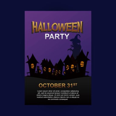 Halloween parti poster şablonu ile şehir ve cadı.