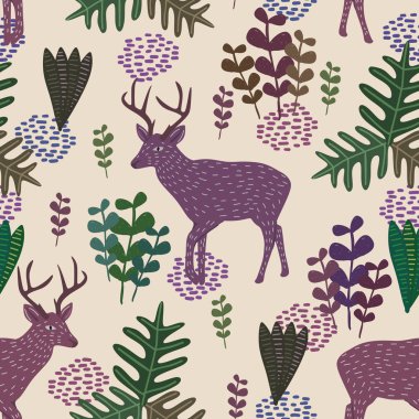 Trendy yaban hayatı vektör seamless modeli el ile çiçek bitki ve geyik çocukça tarzı çizilmiş. Doğa fantezi suluboya arka plan bebek, çocuk ve çocuk moda giyim için pastel renk ile.
