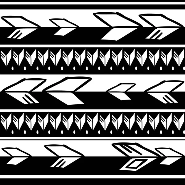 部落图案纹理用手绘非洲 阿兹特克 玛雅创意绘画矢量说明 黑色和白色条纹图案民族单色风格 — 图库矢量图片