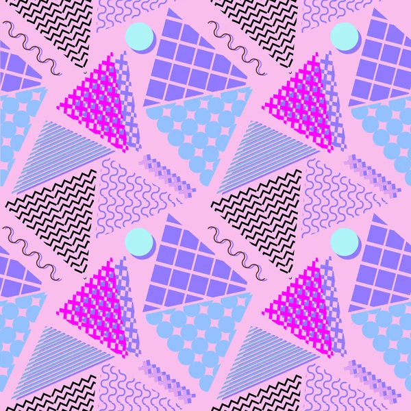 Memphis geometrik soyut desen. Sorunsuz trendy popüler üçgen renkli 60s, 70s, 80s, 90'lı yılların tarzı. Vektör çizim moda tekstil baskı ve duvar kağıdı arka plan.