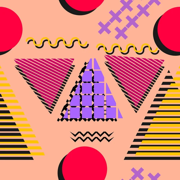Memphis geometrik soyut desen. Sorunsuz trendy popüler üçgen renkli 60s, 70s, 80s, 90'lı yılların tarzı. Vektör çizim moda tekstil baskı ve duvar kağıdı arka plan.