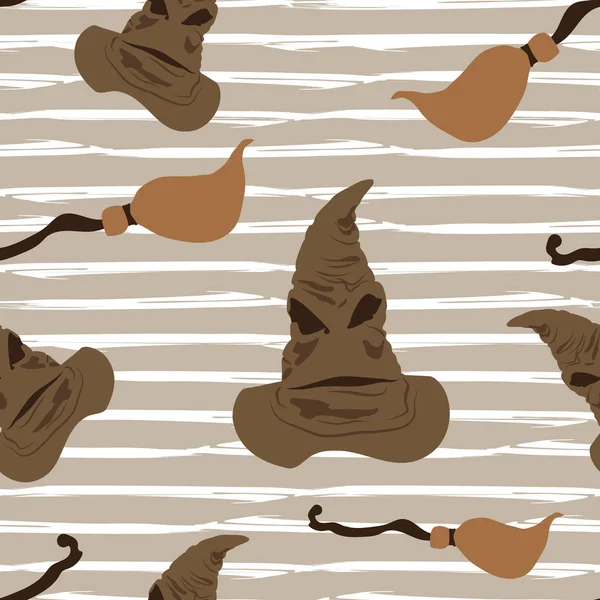 Süpürge ve sihirli şapka ile Seamless Cadılar Bayramı modeli. Cadı Tema ürpertici vintage arka plan çizim. Vektör çizim bebek ve çocuklar için.