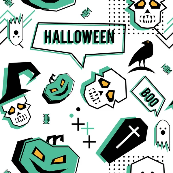 Wektor Modny Wzór Halloween Memphis Styl Geometryczny Ghost Czaszki Pająka — Wektor stockowy