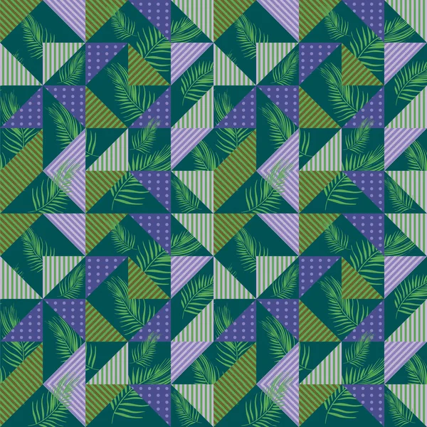 ヤシの葉と幾何学的な三角形のカラフルなシームレス パターン ベクトル ファッション テキスタイル プリントのメンフィスの壁紙 — ストックベクタ