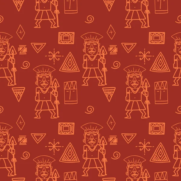 阿兹特克部落模式向量 手绘古代玛雅符号 土生土长的墨西哥文化无缝五颜六色的绘图插图为时尚纺织品打印或包装和壁纸背景 — 图库矢量图片