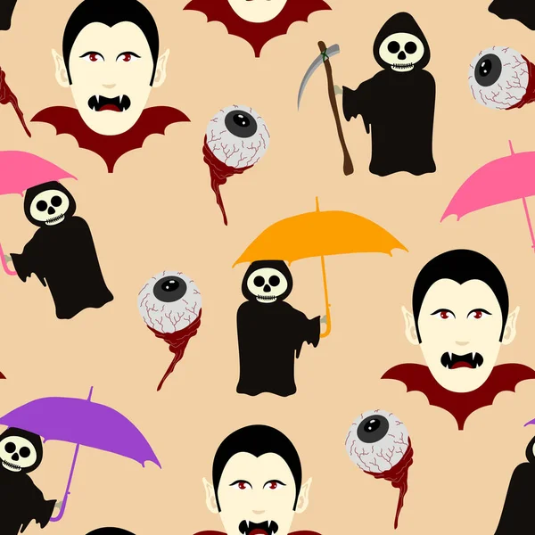 Vector Patrón Halloween Fondo Popular Con Dracula Segador Espeluznante Ojo — Vector de stock