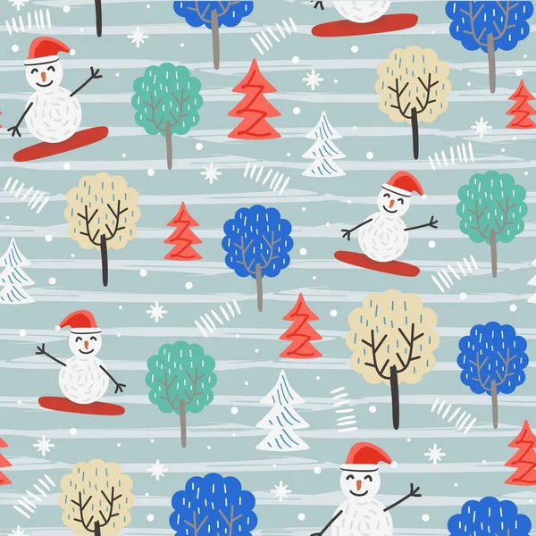 Διασκέδαση Χριστούγεννα Μοτίβο Χιονάνθρωπο Και Δέντρα Μοντέρνα Εικονογράφηση Διάνυσμα Για — Διανυσματικό Αρχείο