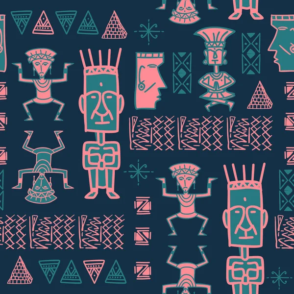 シームレスな象形文字シンボルとベクトル手描き下ろしアステカ パターン ファッション折り返しの織物印刷の部族の背景の壁紙 — ストックベクタ