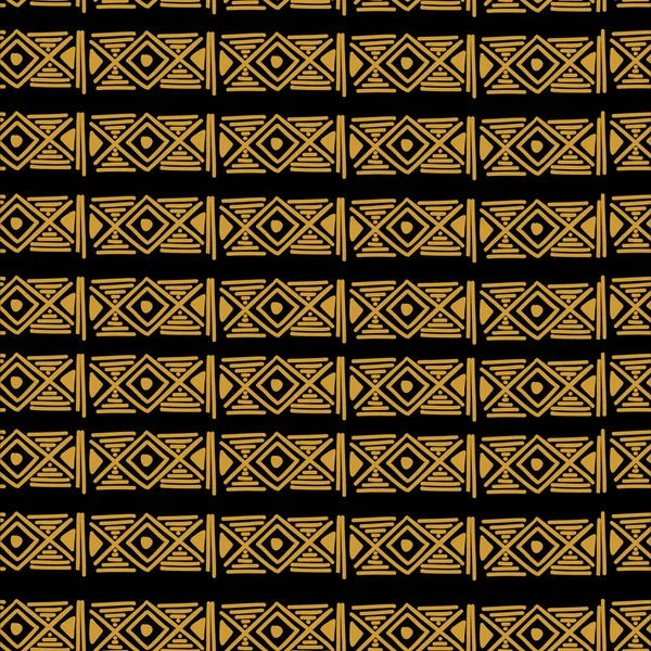 部族の手でアステカのシームレスなパターンは 黄金のマルチカラーの背景を描画します エスニック ファッション包装 織物印刷のシンボル ベクトル図を描画 — ストックベクタ