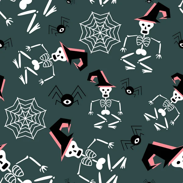 赤ちゃんの頭蓋骨とクモの Web でハロウィーンのパターン 不気味な楽しいベクトル印刷と子供ファッションのイラスト — ストックベクタ