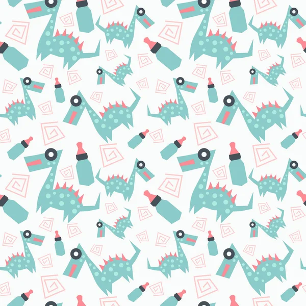 Bebek modeli şirin dino ve meme süt şişesi ile. Çocukça çizim arka plan çok renkli vektör çizim Dikişsiz el çekilmiş.