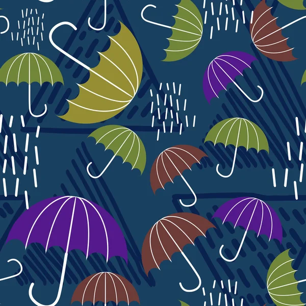 Yağmur desen sonbahar moda tekstil sorunsuz arka plan için şemsiye ve yağmur damlası vektör çizim ile.