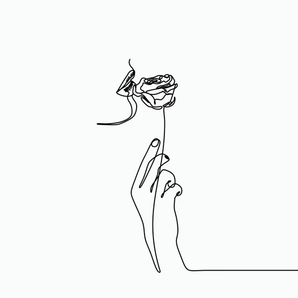 One Line Art Drawing Hand Rose Flower Girl Mouth Surrealism — Stock Vector