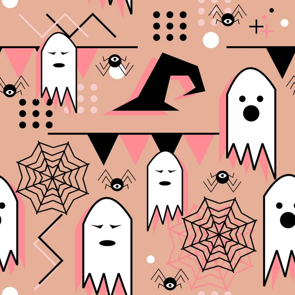 Padrão Halloween Bonito Com Fantasma Teia Aranha Estilo Geométrico Memphis — Vetor de Stock