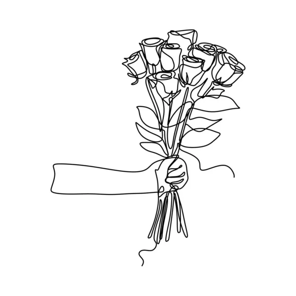 Tenant Des Fleurs Rose Bouquet Fleur Dessin Art Ligne Continue — Image vectorielle