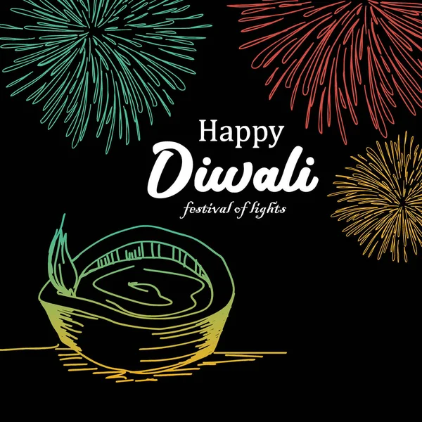 Happy Diwali Greeting Design Burning Diya Fireworks Colorful Festival Lights — Stock Vector