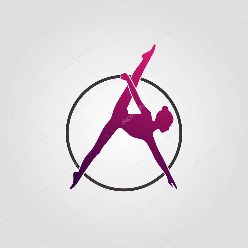 Aerial logo icon with violet colors. Template girl with hoop make font A.