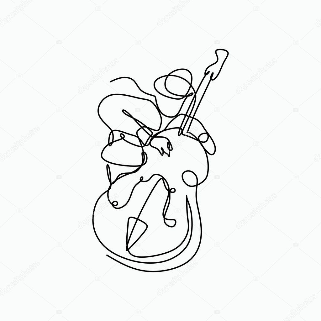 Jazz music player playing with cello bass. One line art drawing style.