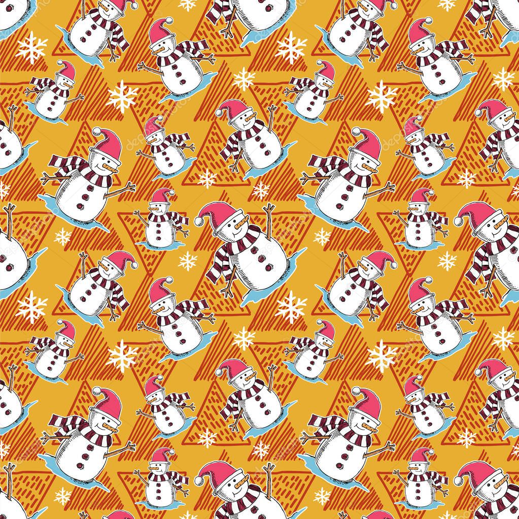 Christmas pattern with snowman cartoon. Vector illustration for fashion wrapping and textile print.
