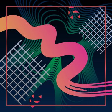 Trendy hipster arka plan ile vektör geometrik renkli. Kombinasyon sıvı ve geometrik memphis noktalı degrade ve çerçeve.