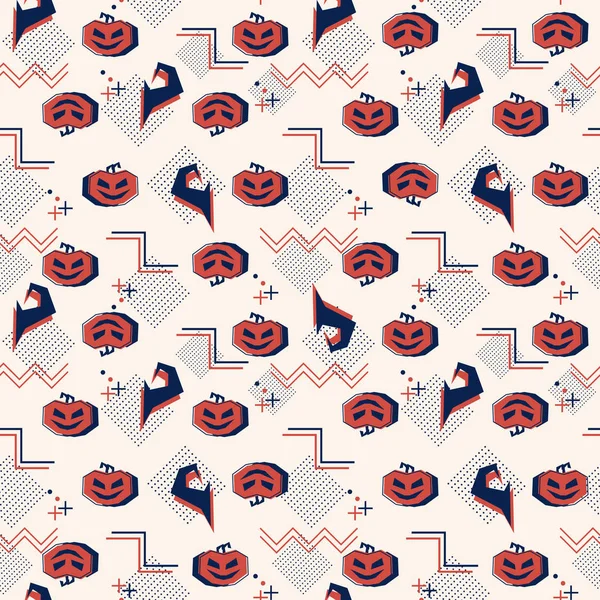 Halloween Memphis Avec Citrouilles Chapeau Sorcière Motif Sans Couture Thème — Image vectorielle