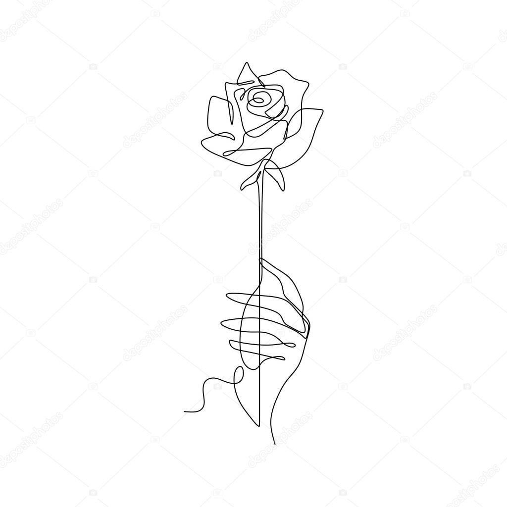 Rose line art drawing. One continuous lineart of a hand holding flower. Minimalist style.