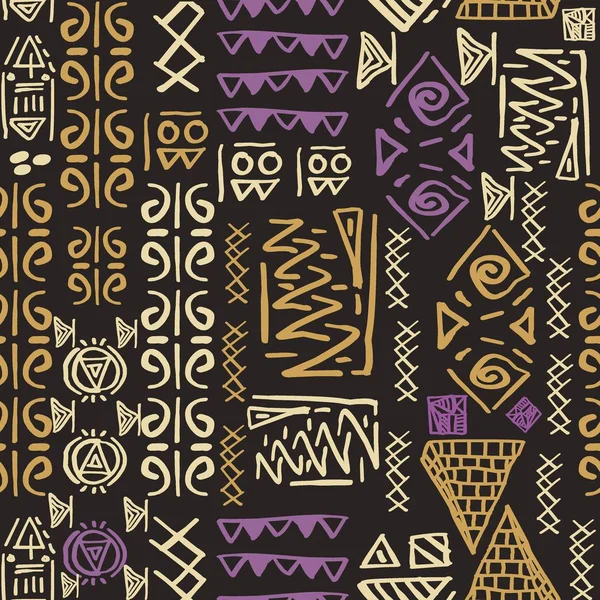 部族のモチーフとシームレスな縞模様のエジプトのテーマ ヴィンテージ レトロなテキスタイル プリント ベクトル図の描画 — ストックベクタ