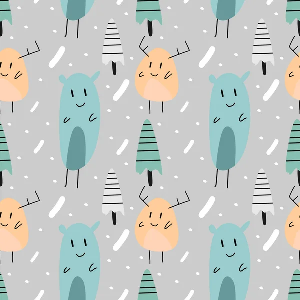 Engraçado Animal Inverno Sem Costura Padrão Vetor Ilustração Personagem Sazonal —  Vetores de Stock