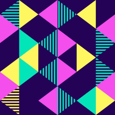 Dikişsiz desen üçgen geometrik trendy renkli mavi sarı ve pembe vintage memphis soyut 90s stil vektör çizim