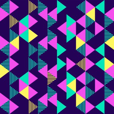 Trendy renkli üçgen geometrik memphis çok renkli Dikişsiz desen vektör çizim 90'lı yılların tarzı arka plan moda tekstil baskı ve sarma için.